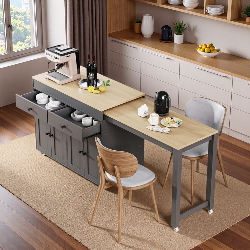 Rolling Kitchen Island With Extendable Dining Table, Spice Rack, 2 Drawers, 4 Door Cabinet And Wheels, Gray