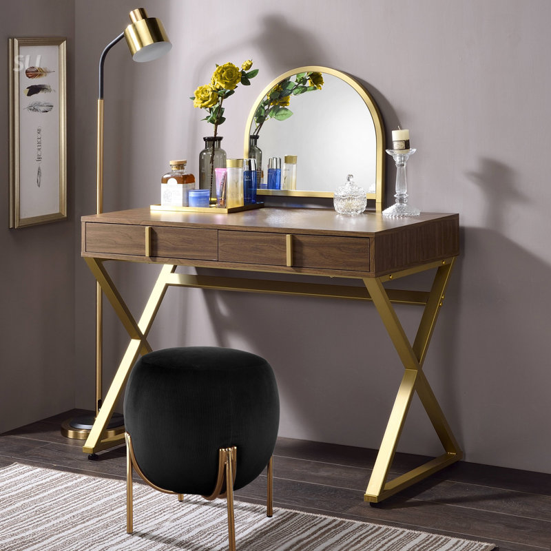 2 Drawers Vanity Desk With Mirror And Jewelry Tray, Walnut And Gold