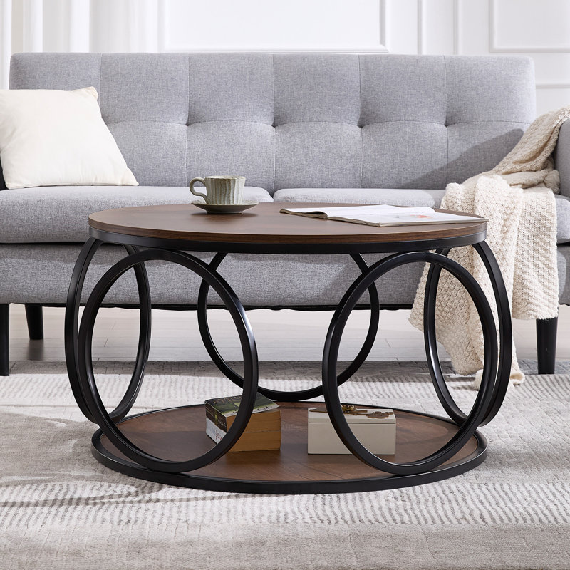 Table basse ronde 31,5 po avec tablettes de rangement à 2 niveaux Carnforth, Bois brun foncé