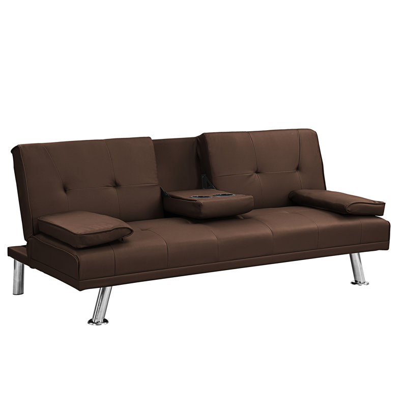 Sofa Bed With Armrest Two Holders  WOOD FRAME, Brown PVC