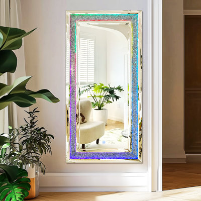 Led Crystal Mirror 7 Modes Monochromatic Lighting & Rgb Lighting 47"X24" Crush Diamond Full Length Mirror With Lights Large Rectangular Mirrors For Wall Decor Light Up Silver Decorative Wall Mirror For Bathroom