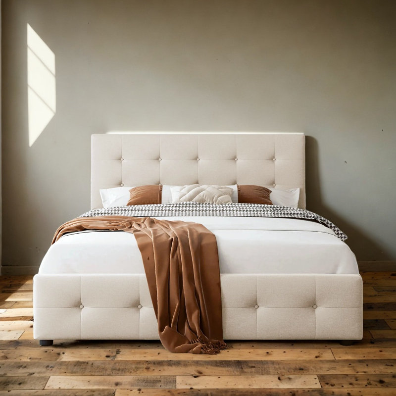 Lit plateforme tapissier moderne avec tête de lit et 4 tiroirs, Beige