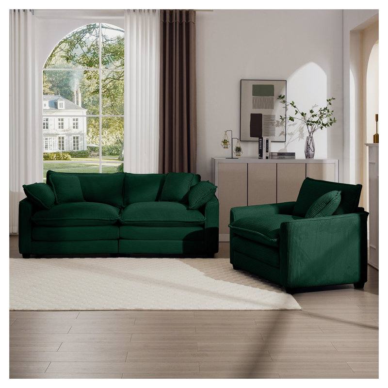 Ensemble de canapé de salon en velours côtelé vert 2 pièces, 3 places et un siège surdimensionné pour maison et appartement