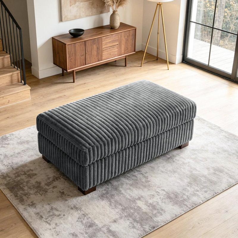 Upholstered Gray Faux Rabbit Fur Flannel Rectangle Ottoman, Single Ottoman Modular Part For Sectional Sofa, Gray