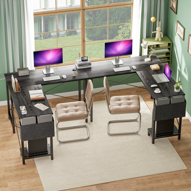 L-Shaped Computer Desk with Desk Monitor Stand and Side Storage Bag, Brown