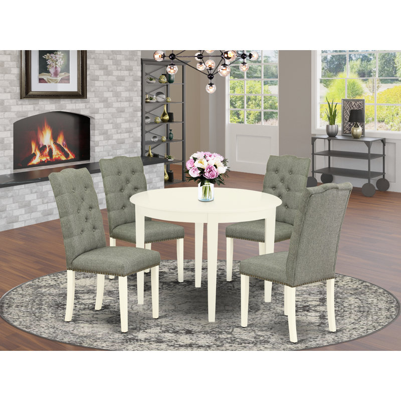 5 Piece Dinette Set for 4 Includes a Round Dining Table and 4 Gray Linen Fabric Upholstered Parson Chairs, Linen White