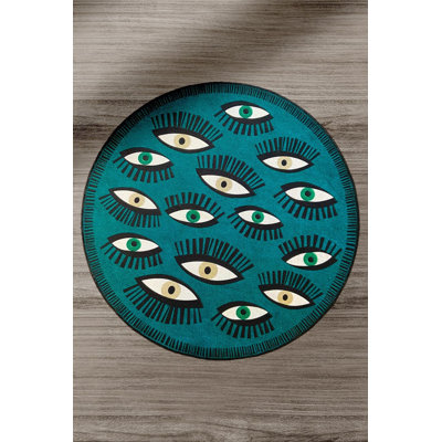 Moss Green Eye Pattern Round Machine Washable Rug