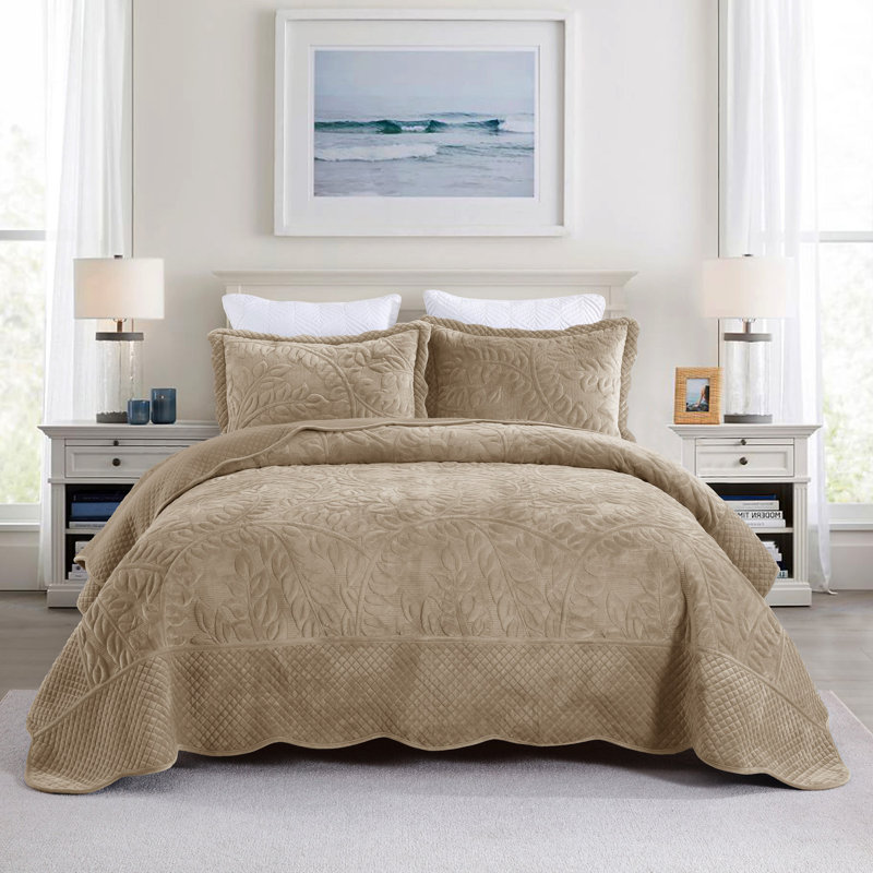 Camel King Size Velvet Quilt Set with Embroidered Leaf Design
