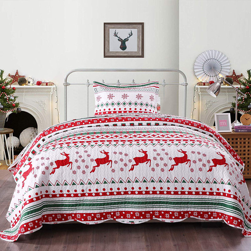 Ensemble de courtepointe rustique réversible rouge et blanc Christmas Snowflake, Courtepointe simple et 1 taie décorative