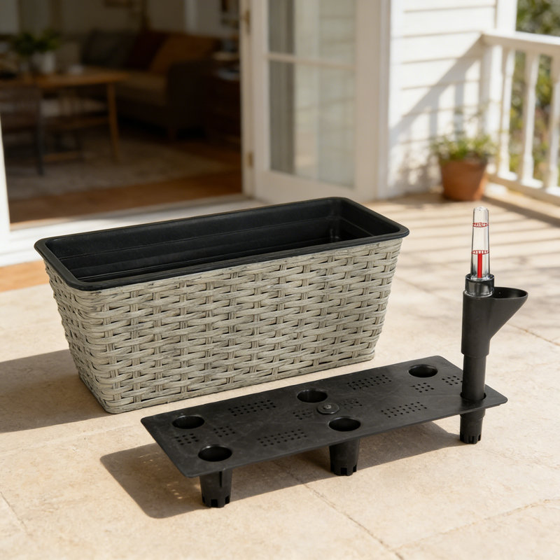 2-Pack Smart Self-watering Rectangle Planter for Indoor and Outdoor - Hand Woven Wicker, Gray