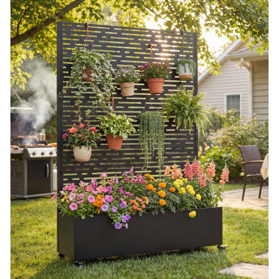 Lit de jardin surélevé en métal avec roues et treillis, pot à fleurs 73 po x 47 po x 16 po pour plantes grimpantes, légumes et vignes, avec écran d'intimité et trous de drainage