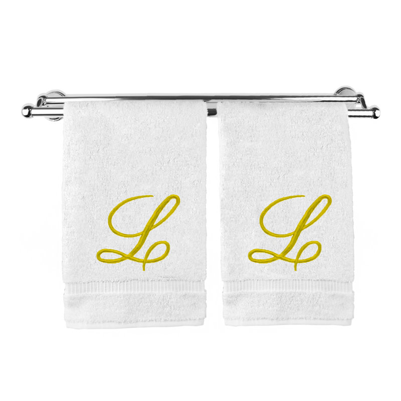 Ensemble de serviettes 2 pièces 100% coton monogramme, Blanc/doré, U