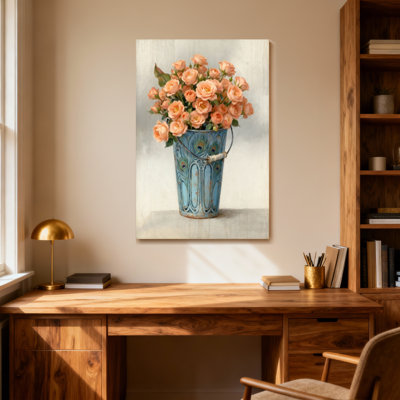 Plantes et fleurs, motif de paon, seau bleu, pêche, roses