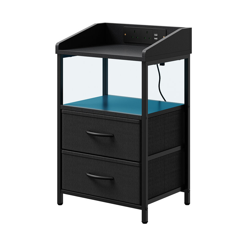 2-Drawer Nightstand with Charging Station & RGB Light Strip, Fabric Drawers, Black