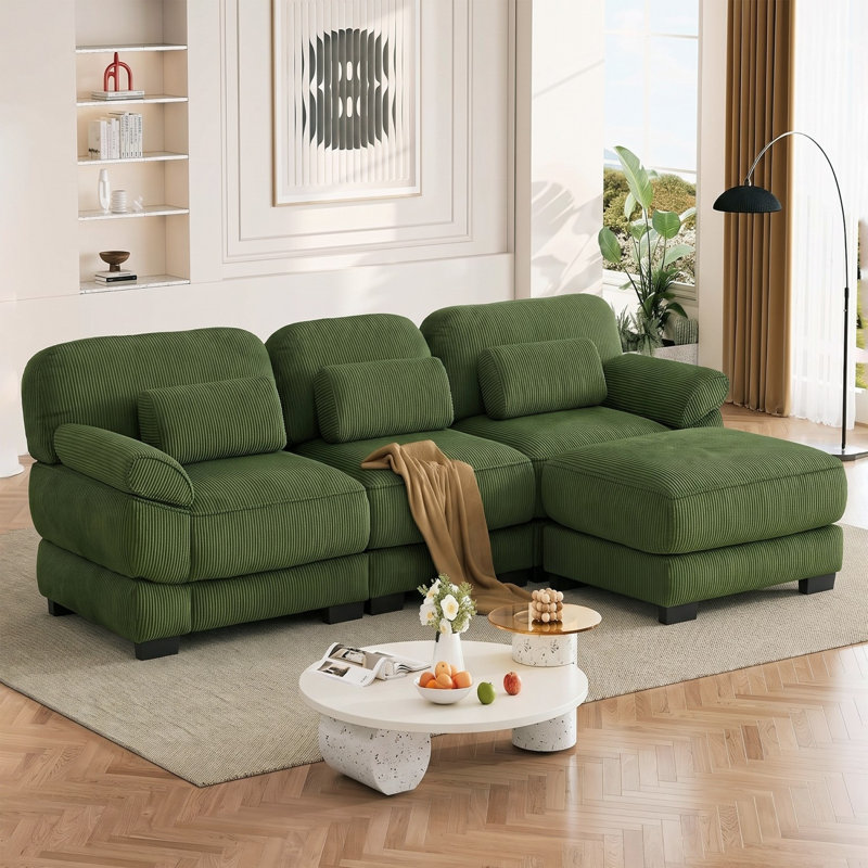 Canapé d'angle modulaire surdimensionné en forme de L, canapé trois places avec pouf, tissu velours côtelé, pour salon, chambre ou appartement