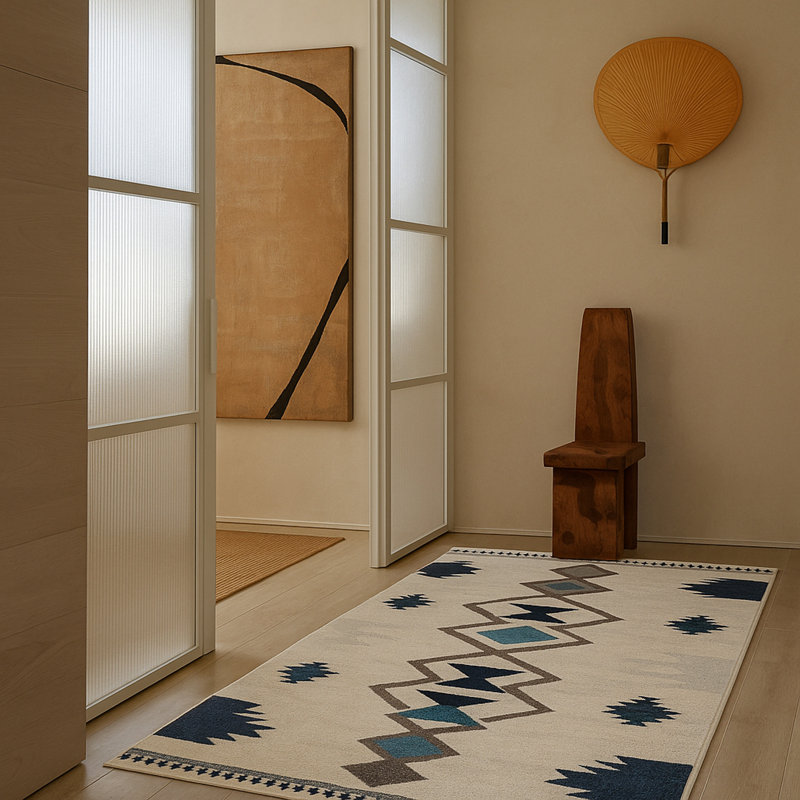 Tapis de couloir bleu et ivoire Strathearn Southwestern, Tapis de couloir 2 pi 3 po x 25 pi