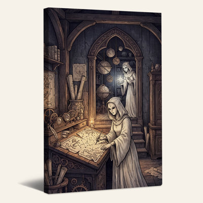 Astrologue à capuchon dessinant une carte du ciel - Toile murale d'Halloween