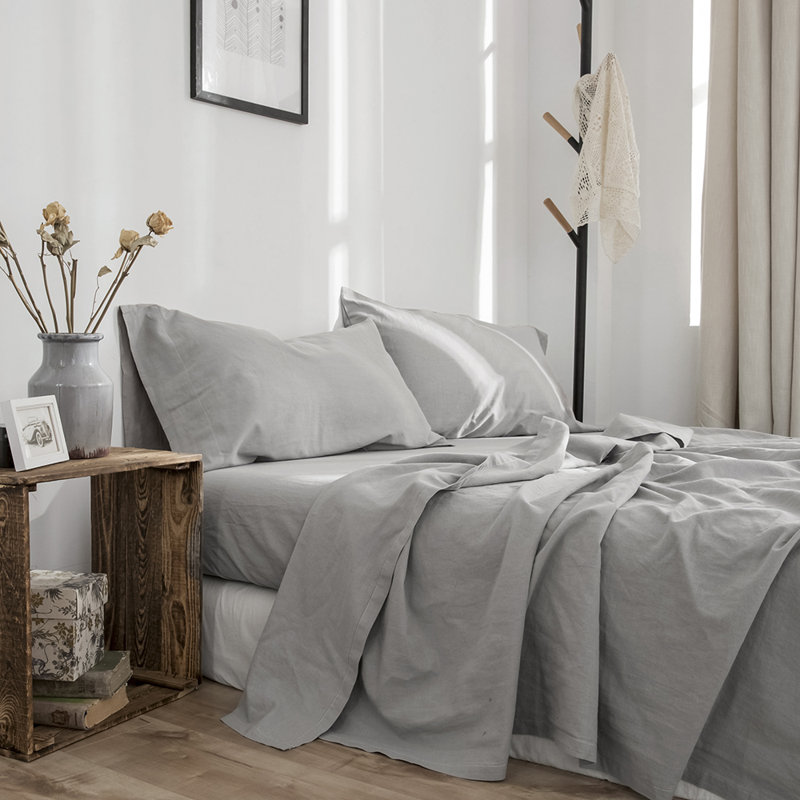 Ensemble de draps en lin, Ensemble de draps pour grand lit avec 2 taies d'or, Gris
