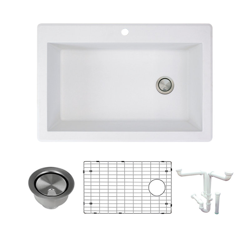 Évier de cuisine à chute de bain l 33 po x l 22 po avec filtre panier en granite Radius, Blanc