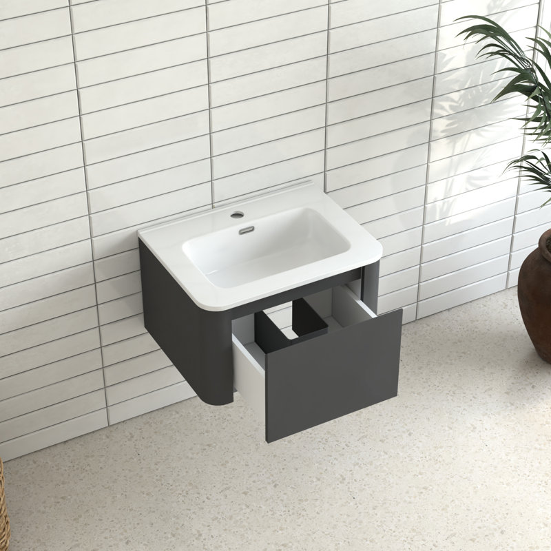 Meuble-lavabo gris avec dimensions de 24 pouces, conception flottante, lavabo en céramique blanche, 45 poignées en angle, tiroir à fermeture en douceur, imperméable, rangement spacieux, style européen pour la salle de bain, petites salles de bain idéales