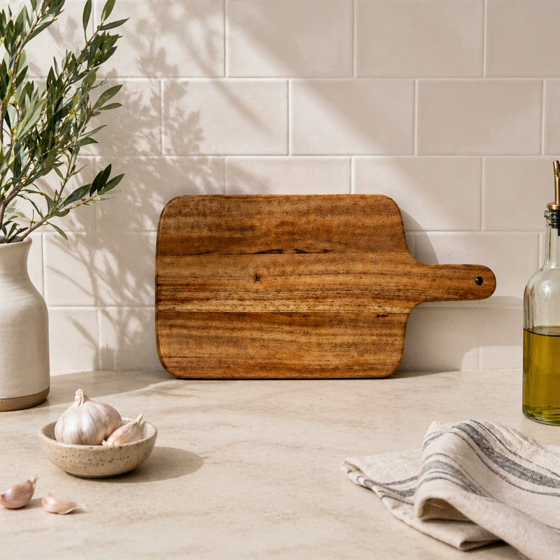 Planche à découper en bois d'acacia avec poignée, planche de cuisine et de service polyvalente pour un usage quotidien et pour recevoir.