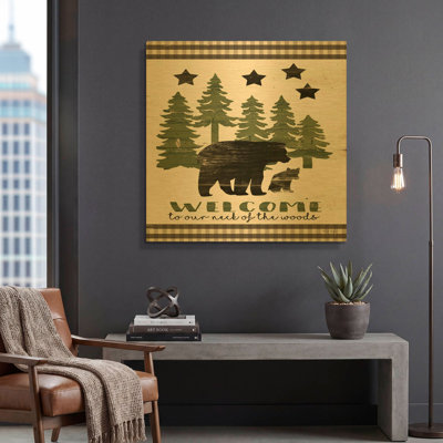 «Welcome Lodge» par Cindy Jacobs, art mural en métal doré, 36 po x 36 po
