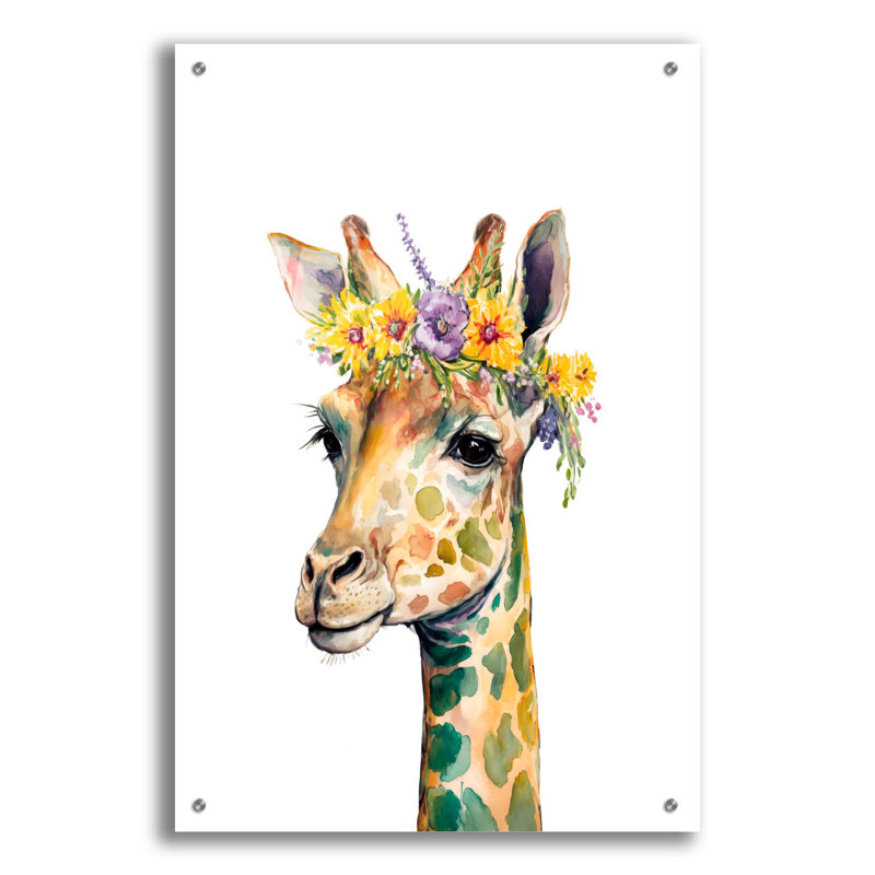 «Girafe avec fleurs» par Svetlana Aleynikova, art mural en verre acrylique, H 36 po x l 24 po