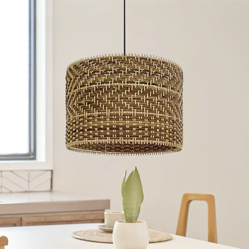 Brown Rattan Pendant Light for Workplace Dining Living Bedroom Kitchen Farmhouse, 9.84'' H x 11.81'' W x 11.81'' D