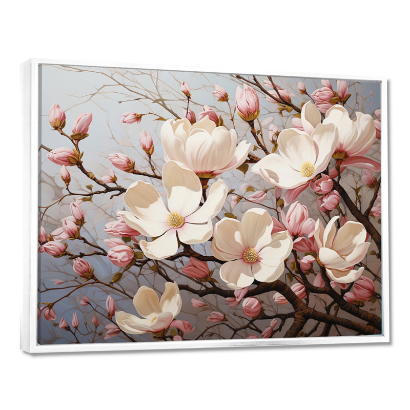 Blanc, rose, magnolia Magnolia Symphony I - art sur toile Magnolias, H 30 po x l 40 po x P 1,5 po, Cadre flottant blanc