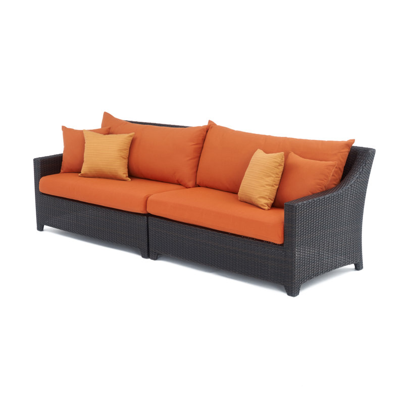 Fionnula 96" Wide Wicker Patio Sofa With Sunbrella Cushion Covers, Spectrum Cayenne Sunbrella® Plainweave