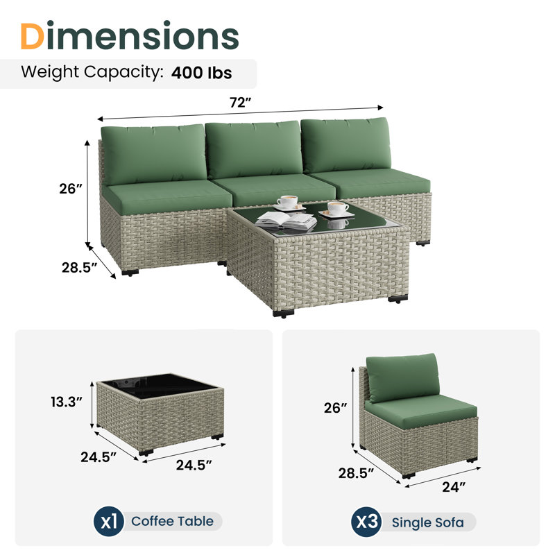 3-Person Outdoor Wicker Sofa Set With Cushion, Green, Gray