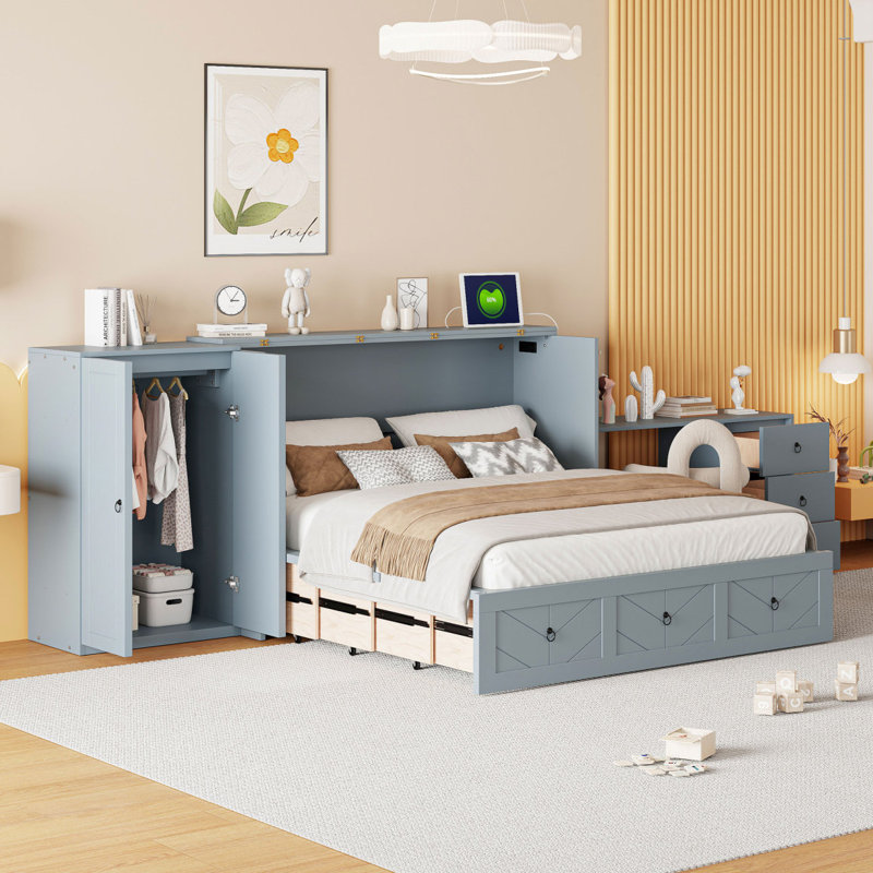 Grand lit escamotable avec port USB, grand tiroir et armoire / bureau - Lit armoire gris polyvalent, Gris