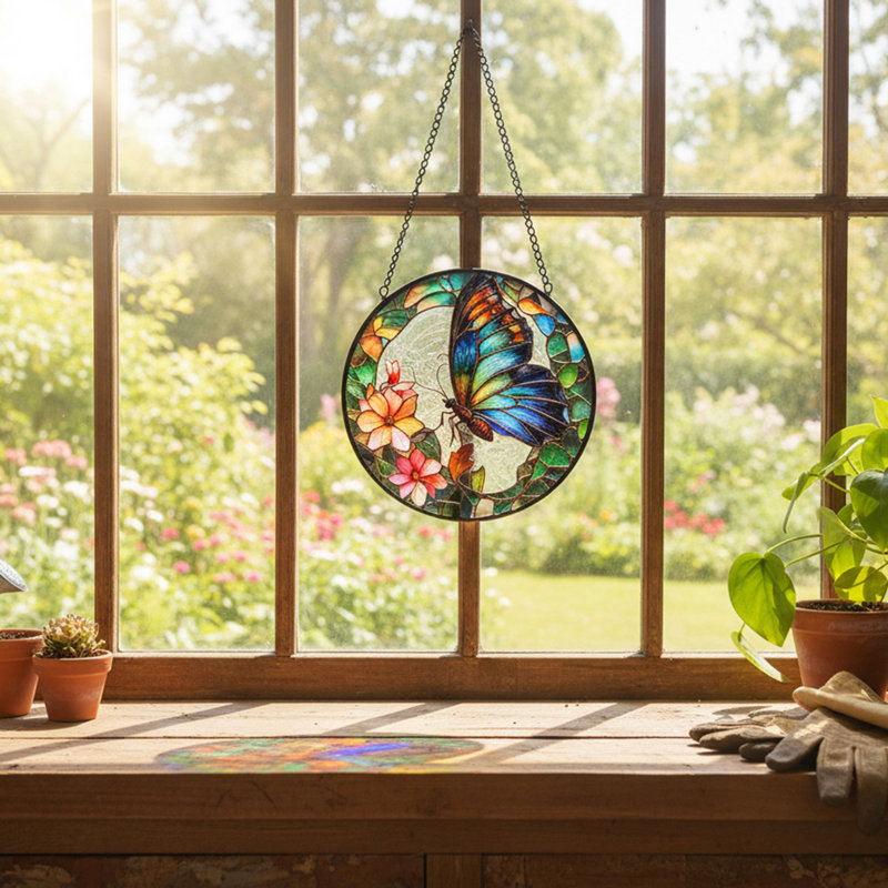 6" Stained Glass Suncatcher Butterfly With Flowers