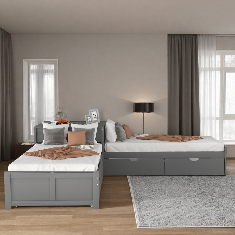 Lit plateforme simple en L à 2 tiroirs avec lit gigogne et table intégrée, Gris