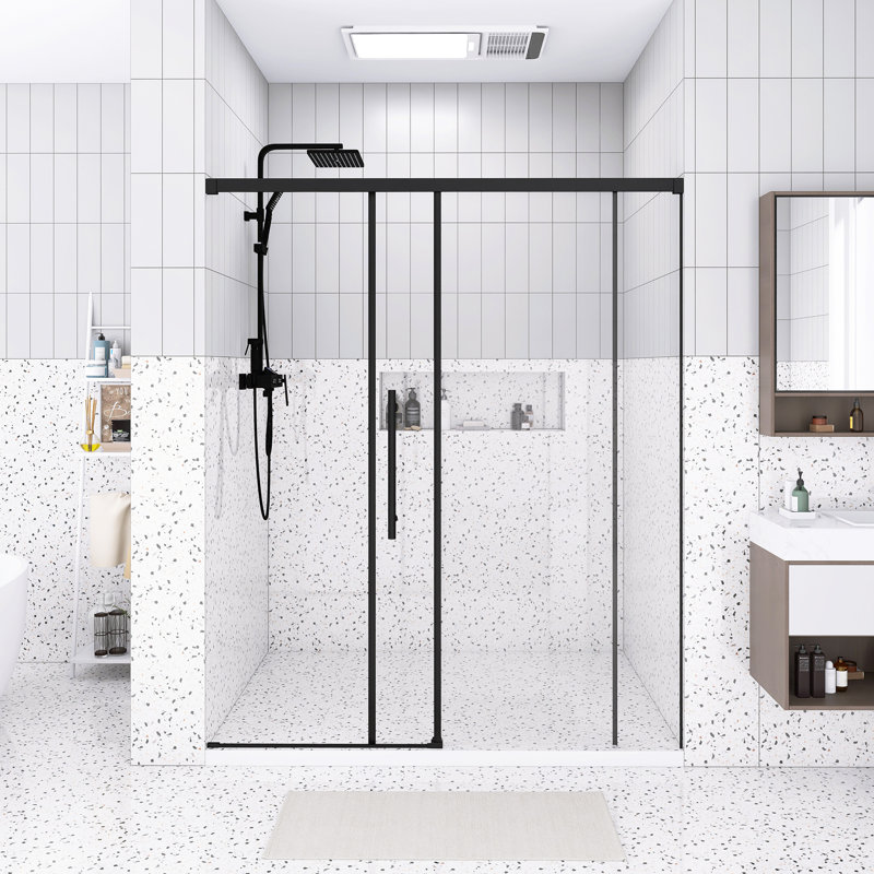 Porte de douche coulissante simple sans cadre l 60 po x H 72 po, verre fixe de 5 mm et verre coulissant de 6 mm, verre trempé transparent, poignée en acier inoxydable, noir mat