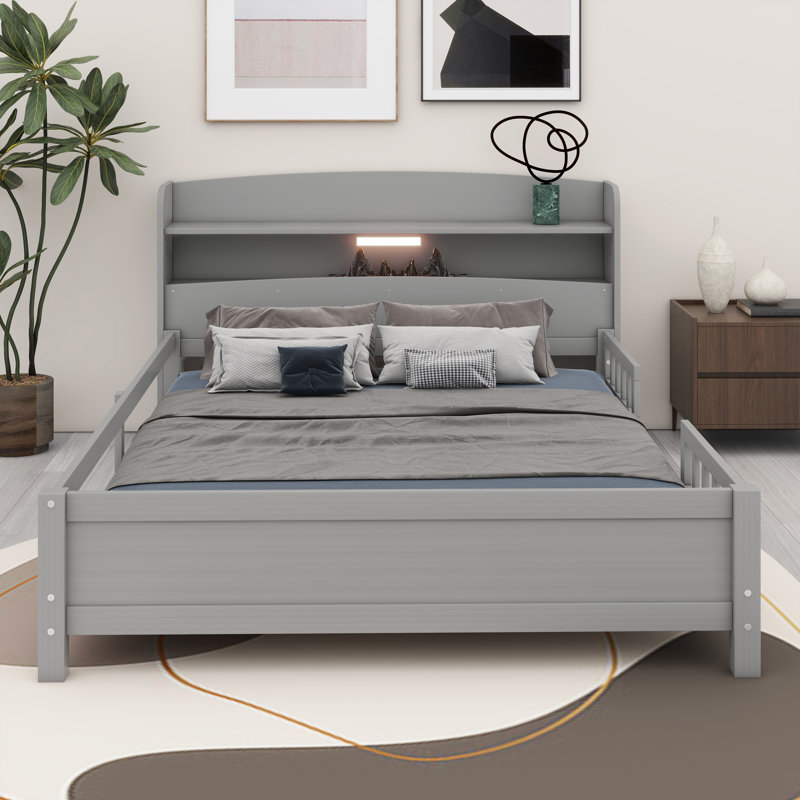 Lit plateforme en bois de style moderne avec lumières DEL, tête de lit avec rangement, garde-corps, Gris antique