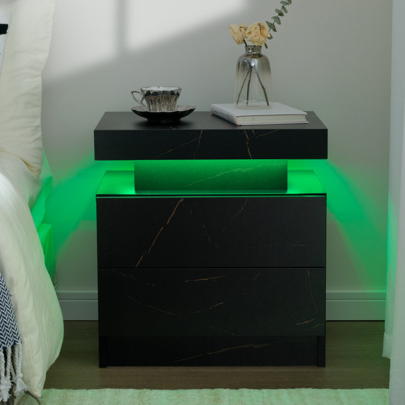 Engineered Wood Nightstand with LED Lights - Modern Small Space Solution, Black Marble