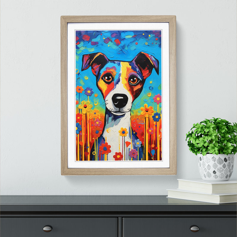 Jack Russell Expressionism - Single Picture Frame Print on Wood, Oak, 46cm H x 34cm W x 2cm D