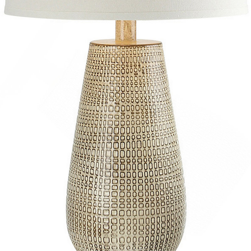 Lampe de table hydrocal 28 po, abat-jour tambour, base géométrique incurvée, brun