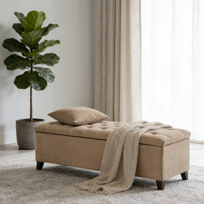 Banc de rangement touffeté, siège rembourré avec capitonnage à boutons, grand espace de rangement intérieur, couvercle à fermeture en douceur, pieds en bois massif, capacité de 400 lb, banc polyvalent pour le vestibule, la chambre à coucher et le salon