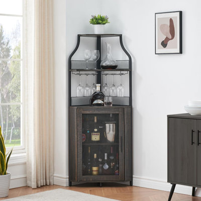 Armoire de bar d'angle avec porte-bouteilles détachable, armoire de bar avec porte de grange et tablette réglable, armoire à vin et armoire à buffet avec porte grillagée