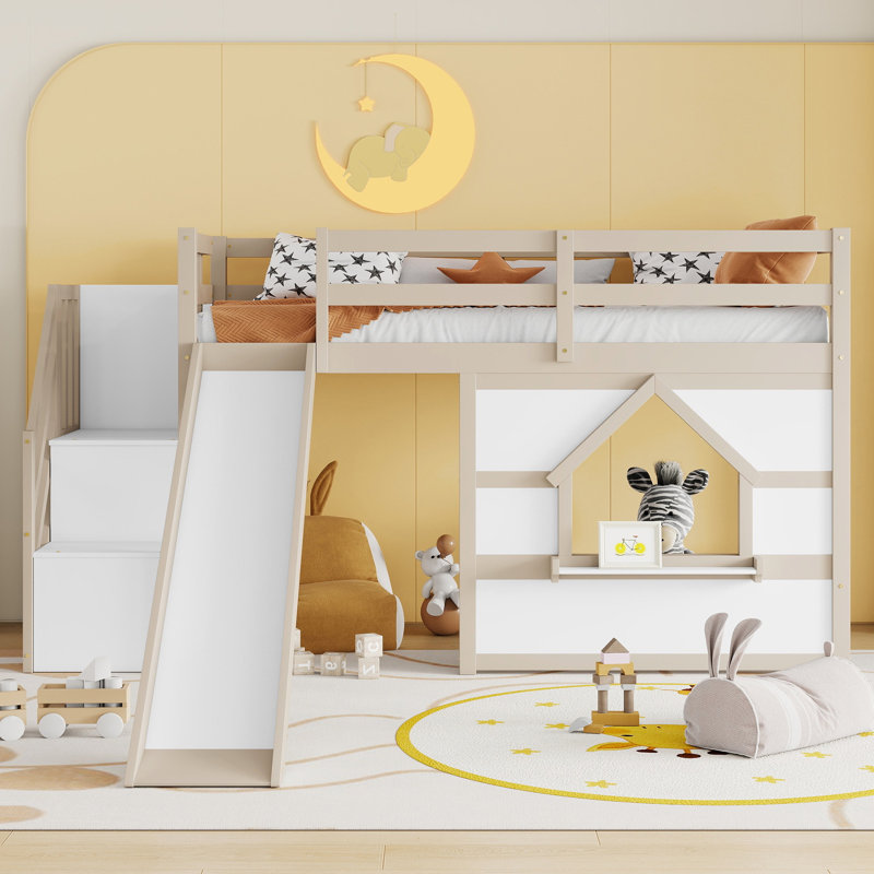 Lit mezzanine en bois double avec étagères, escalier de rangement, glissade, fenêtre et éclairage DEL, Blanc beige