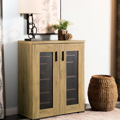 Golden Oak And Mesh Door Cabinet - Versatile Shoe Organizer For Anywhere, 6 Compartments, 4 Adjustable Shelves, Rustic Style Accent With Black Screens Organize Footwear In All Locations, Elegance
