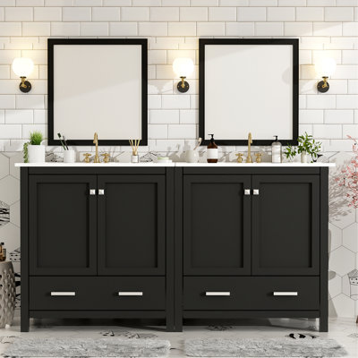 Ensemble de meuble-lavabo noir 60 po avec double meuble-lavabo (séparé), double lavabo en céramique, tablette de rangement et tiroirs séparés (miroir non inclus) - Solution de salle de bain moderne pour salles de bain spacieuses