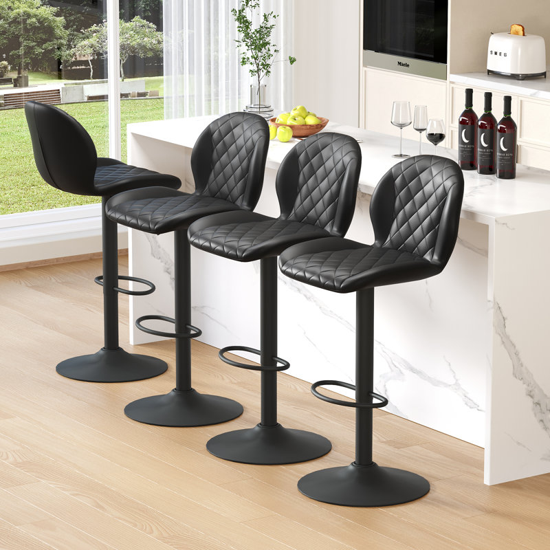 Adjustable Swivel 24"-33" Height Rhombus Faux Leather Bar Stools with Back for Kitchen Island, 4, Black