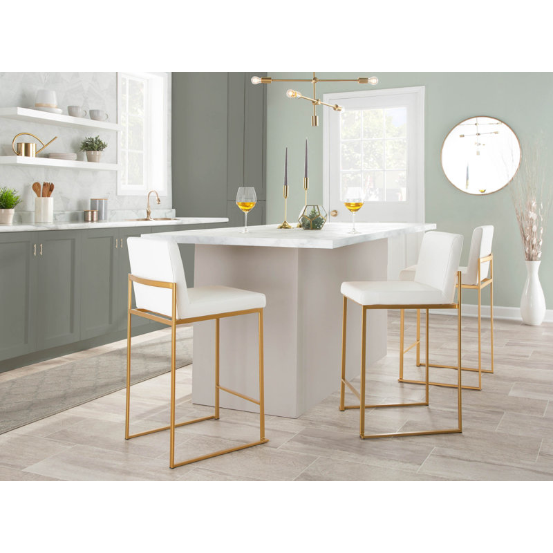 Brieon High Back Faux Leather Bar & Counter Stool, Counter Stool (26" Seat Height), White/Gold