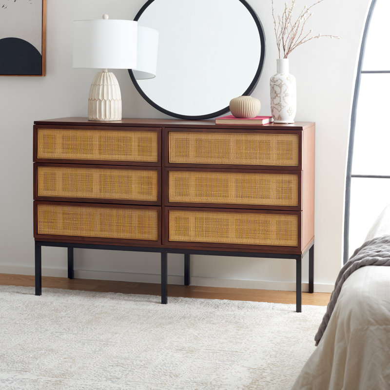 Commode 6 tiroirs Prudhoe, Noir / noyer avec rotin naturel