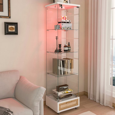 Vitrine moderne en verre avec tiroir, armoire antique à assemblage rapide avec lumières DEL, bibliothèque en verre trempé, armoire de rangement à 1 porte avec 4 tablettes pour le salon et la chambre à coucher