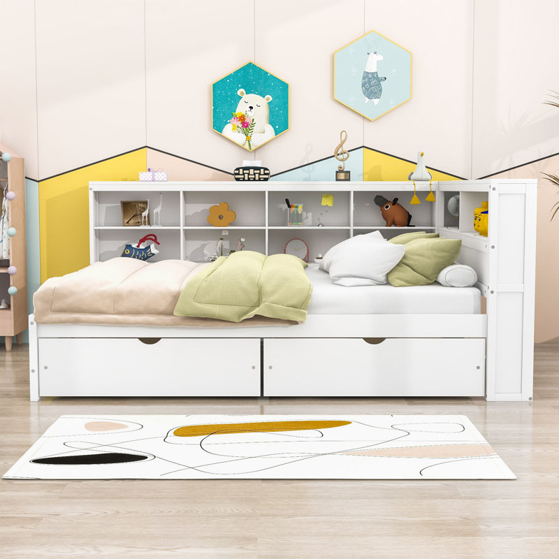 Lit de jour en bois tou avec 2 tiroirs et tablettes, Blanc, Double