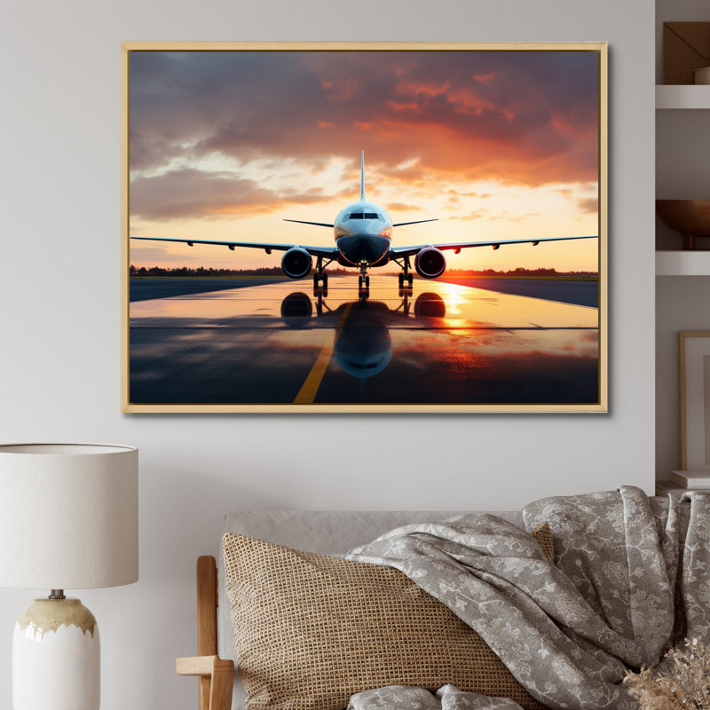 Photo prête à décoller de l'avion - impressions sur toile modernes, H 12 po x l 20 po x P 1 po, Cadre flottant érable